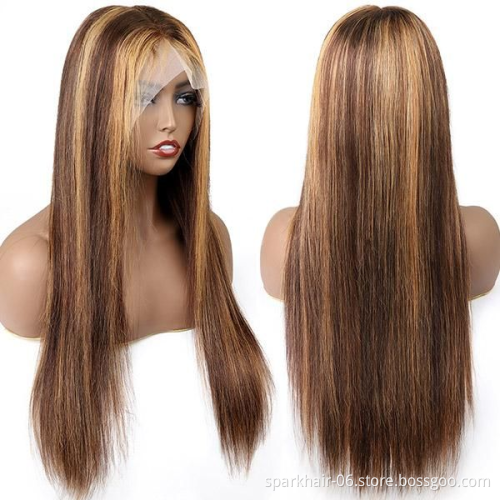 SPARK Blonde 30 Inch Long Straight Brown 13X4 Transparent Lace Highlighted Human Hair Wigs 10a Highlight Body Wave Hair Full Wig